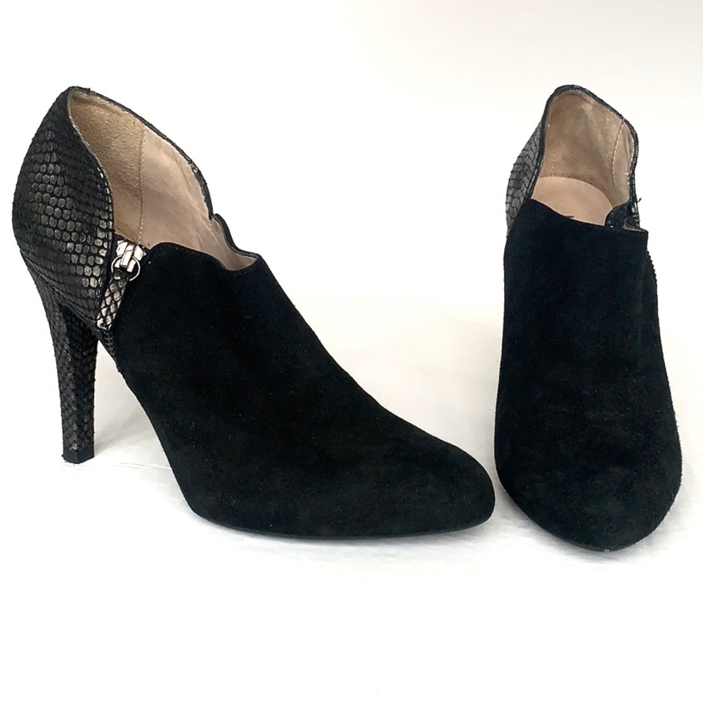 Unisa Black Suede Ankle Booties with Snake-Embossed Heel